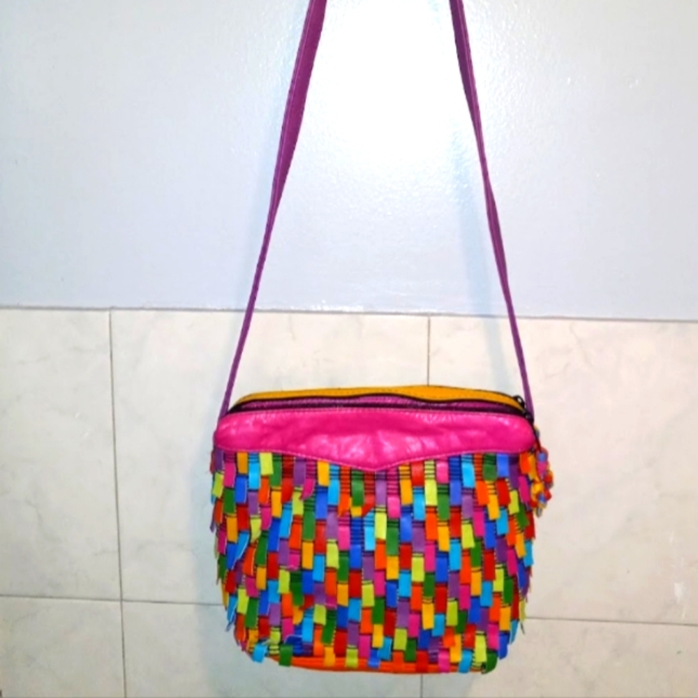 Vintage Leather Colorful Short Fringe Bag
